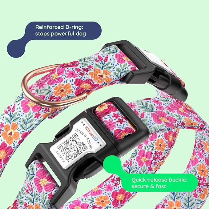 WhoseID Airtag Dog Collar,with Waterproof airtag Holder，Original Stylish Cute Pattern Design.QR Code ID Buckle，Comfortable Soft Cotton for Small Medium Large Dogs