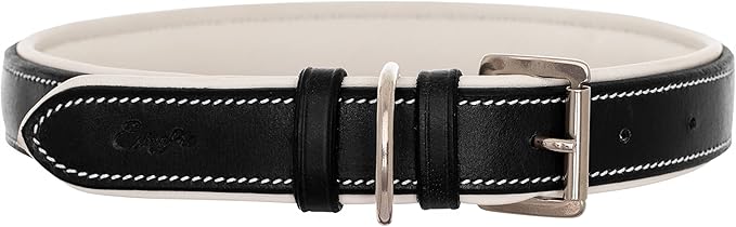 Exion Geniun Leather Dog Collar Designer Stitched Soft Leather Padded- Suitable for Small Medium Large X-Large Dogs for Walking Running- Black with White Padding