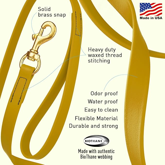 Viper Biothane K9 Working Dog Leash Waterproof Lead for Tracking Training Schutzhund Odor-Proof Long Line with Solid Brass Snap for Puppy Medium and Large Dogs, 20ft Treasure Gold