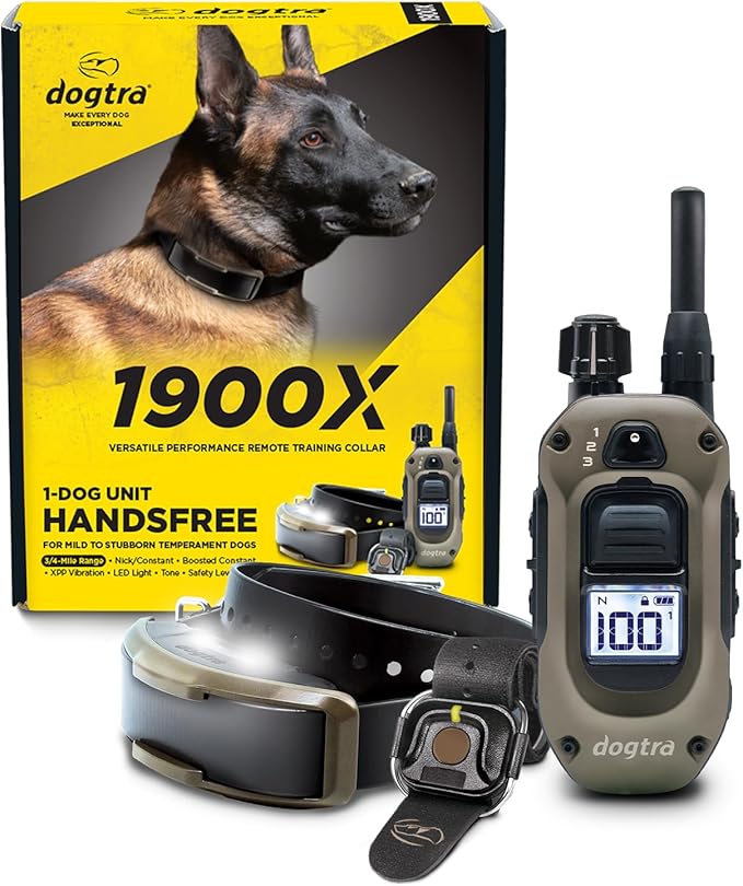 Dogtra 1900X Handsfree E-Collar for Dog Training - 3/4 Mile Range, for Dogs 35 lbs+, Waterproof, 100 Stimulation Levels, Vibration, Tone, Rechargeable - Hands-Free Remote for Dog Owners and Trainers