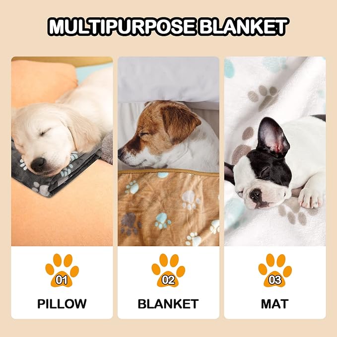 Rezutan Dog Blanket for Large Dogs, Upgraded 3 Pack Dog Cat Flannel Blankets Washable, Soft Pet Mat Throw Cover Suitable for Kennel Crate Bed, Cute Paw Pattern, Grey/Brown/White, 31" x 41"