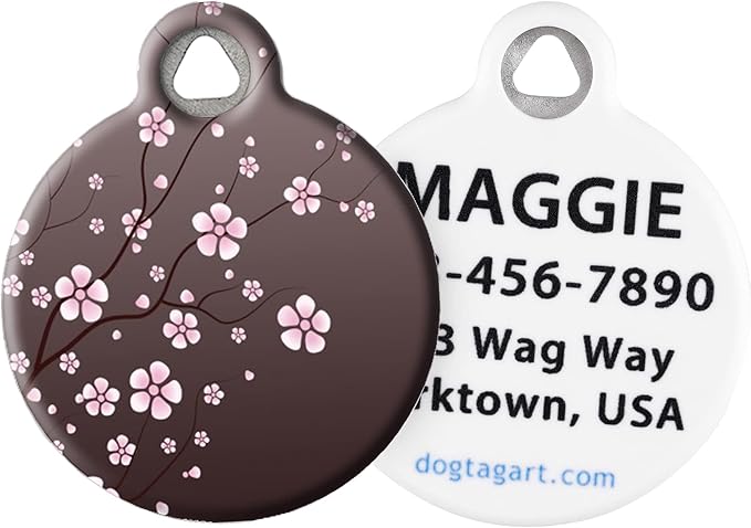 Dog Tag Art Japanese Cherry Blossom Personalized Pet ID Tag for Dogs and Cats, Silent Polymer Coated Stainless Steel Nametag with Customized Identification, Large 1.25" Diameter
