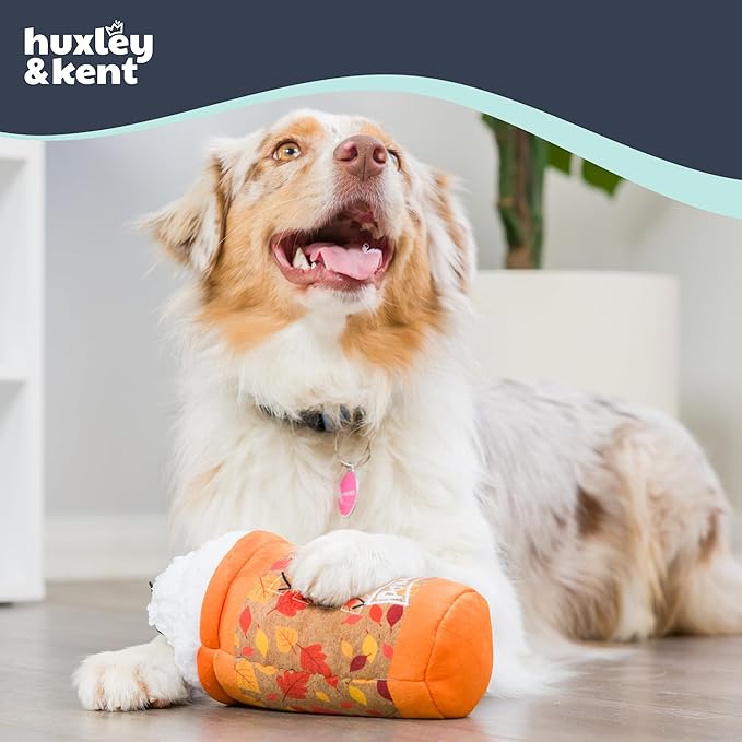 Huxley & Kent Funny Dog Toy w/Squeaker – Fall Power Plush Squeaky Dog Toys for Small, Medium & Large Dogs – Soft Stuffed Animal for Indoor Play & Fetch - Puggin Spice Latte, Small