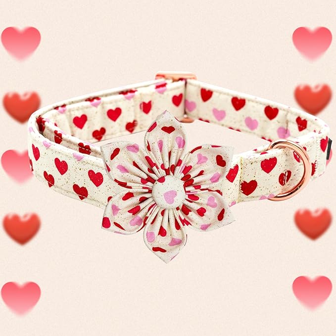 Elegant little tail Valentine's Dog Collar, Heart Dog Collar with Flower Cute Girl or Boy Pet Collars with Flower Puppy Gift Adjustable Pet Collars for X-Large Dogs