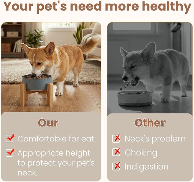 hjn Elevated Ceramic Dog Bowl with Bamboo Stand, Raised Pet Feeding Station for Small Medium Dogs Cats, Modern Design with Anti-Slip Base (Gray Blue, 3.6Cup)