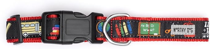 THE WORTHY DOG Collar for Large Dogs, Adjusts 18-24 inches, Durable Nylon Webbing, Quick Release Buckle, K9 College Pattern, Black, X-Large