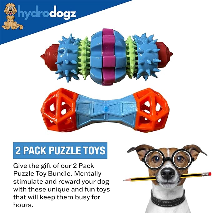 [2 Pack] Dog Puzzle Toys to Keep Them Busy, Spiky Rotating Dental Bone Treat Dispensing Squeaky Toys, Mental Stimulation Interactive Dog Enrichment
