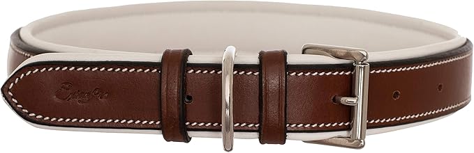 Exion Geniun Leather Dog Collar Designer Stitched Soft Leather Padded- Suitable for Small Medium Large X-Large Dogs for Walking Running- Oak Brown with White Padding