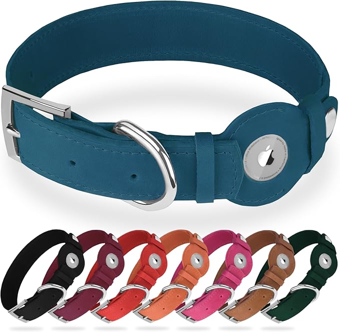 Leather Dog Collar with Airtag Holder - Apple Air Tag Dog Collars - Soft Tracking GPS Pet Collar for Small Medium Large Dogs Breed Puppy (Smoky Blue, M, 12"-15" Neck Fit)