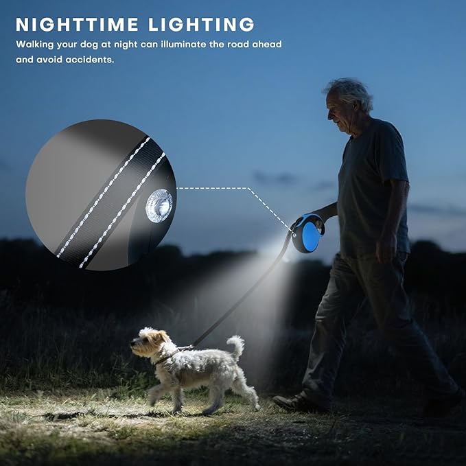 Retractable Dog Leash with LED Light Rechargeable,16Ft Heavy Duty Dog Leash for Medium Large Dogs up to 110lbs,360°No Tangle,One-Handed Brake,Pause,Lock(Blue)