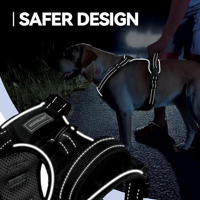 VIVAGLORY Dog Harness Easewalk No Pull Dog Harness with Handle Front Clip & Back Clip for Training Walking Lifting, No Pull Adjustable Easy On Padded Comfortable for Pet, L, Black - Patterned
