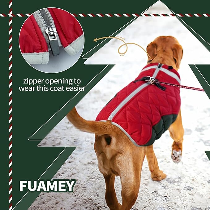 FUAMEY Dog Coat for Large Dogs,Waterproof Dog Winter Jacket with Harness Built in Puppy Cold Weather Coats Reflective Pet Vest with Zipper Warm Fleece Dogs Snowsuit Windproof XXL