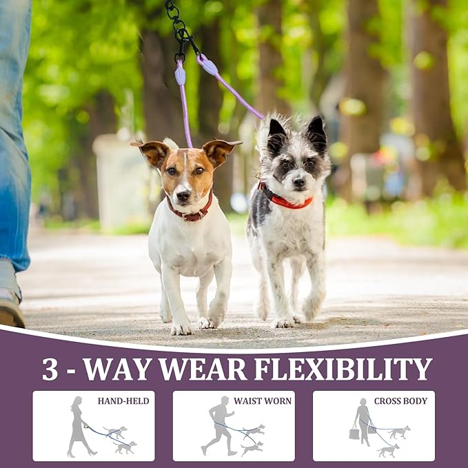 Double Dog Leash No Tangle, Adjustable Split Leads Dual Pet Walking Leash with Comfortable Padded Handle for Two Dogs, Hands - Free Dual Leashes for Small/Medium Pets (Purple, Double Leashes)