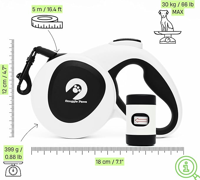 Snuggle Paws Retractable Dog Leash 16ft Heavy-Duty – All-in-One for Medium Dogs up to 66 lbs, LED Flashlight & Reflective Tape, Chew-Proof Cable Extension, No-Tangle 360° Swivel, Poop Bag Holder