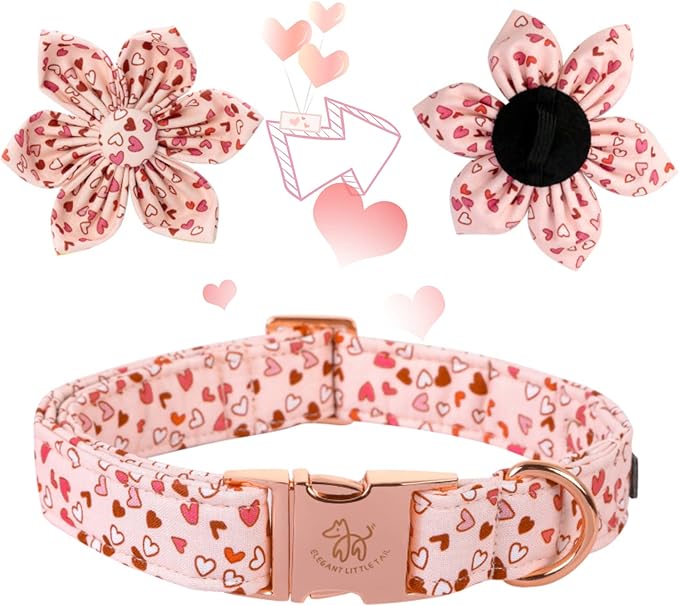 Elegant Little Tail Valentine's Heart Dog Collar, Cute Detachable with Flower, Gift Pet Collar Adjustable for Small Puppy