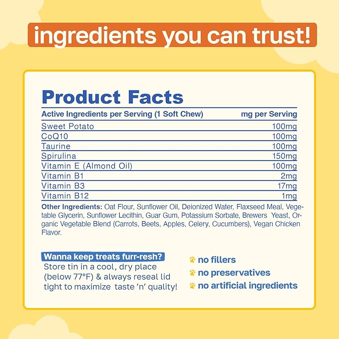 Happy Paws Cognitive Supplement for Dogs, Chicken Soft Chews with Taurine, Spirulina, CoQ10 & Vitamins B1, B3, B12, Supports Cognitive Function, Memory and Focus, Chews for Small to Large Dogs
