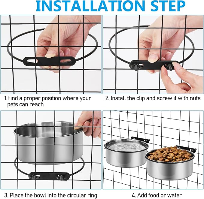 Dog Kennel Water Bowl Hanging, ShineMe 2 Pack 34oz & 25oz Nonslip Stainless Steel Dog & Cat Food and Water Feeder Bowls Mounts to Wire Crates Cages Kennels
