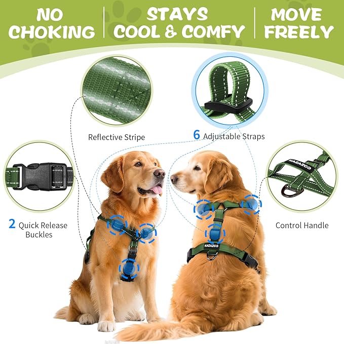 Dog Harness,Adjustable No Pull Dog Harness,Y-Shaped Design,Buckle-Neck Balance Harness with Reflective, Ideal for Dog Training Hiking, Easy Walk Harness,Durable High-Tensile Nylon Green-M