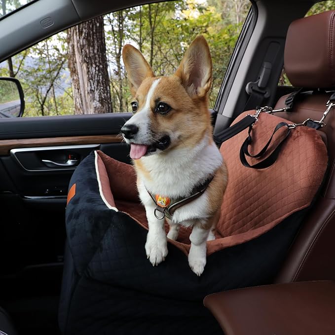 Car Dog Booster Seat,Interior Height 7 Inches Elevated for Small Dog up to 35 lbs,Pet Car Travel Safety Seat with 2 Safety Leashes,Storage Pockets,Non-Slip Bottom(Lookout-Black Outside Grey Inside)