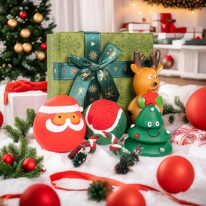 Christmas Dog Chew Toys Set Dog Gift Toy with Christmas Stocking or Xmas Gift Box Dog Toys for Aggressive Chewers (Green Gift Box)