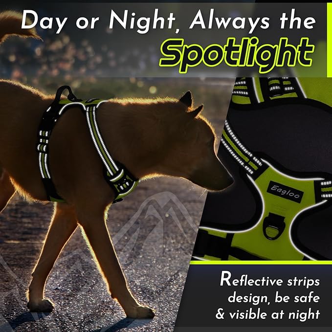 Eagloo Dog Harness Medium Sized Dog, No Pull Service Vest with Reflective Strips and Control Handle, Adjustable and Comfortable for Walking, No Choke Pet Harness with 2 Metal Rings, Green, M