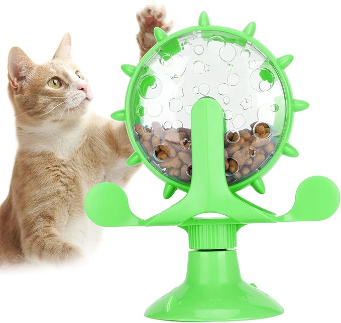 Interactive Cat Food Treats Dispenser Toy, Pet Slow Feeder Feed Training Toy Cat Windmill Toy Dog Food Dispenser, 360° Rotating Windmill Suction Cup Toys for Educational Interactive Training (Green)
