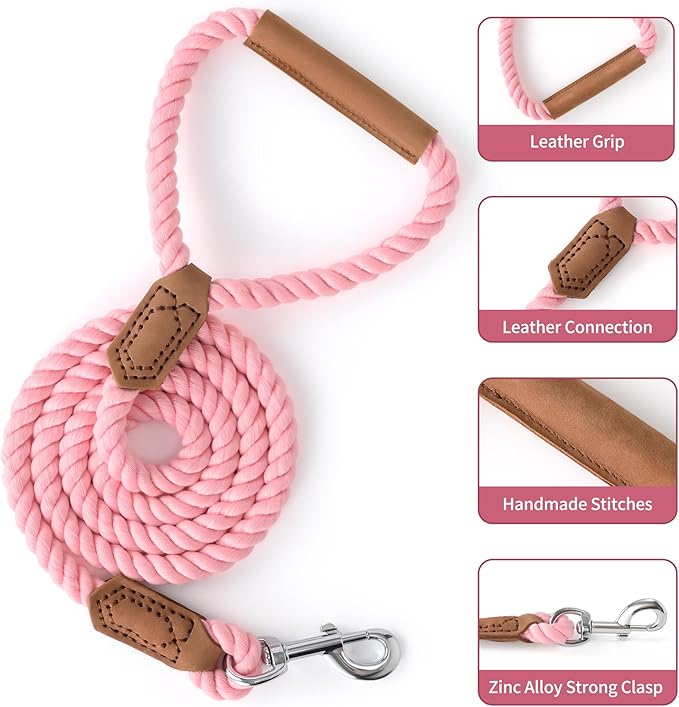 Mile High Life Dog Leash, Braided Cotton Rope Leashes with Leather Handle - Heavy Duty Metal Clasp, 4FT, 1/2" Thick - Wedding, Walking & Training Leash for Small Medium Large Dogs (Pink)