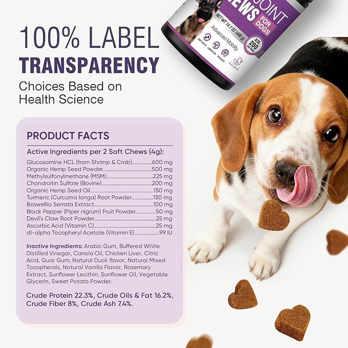Glucosamine for Dogs 200pcs Joint Support Supplement Dog Hip and Joint Chondroitin Chews Treats with MSM Hemp Dog Joint Pain Relief Mobility Supplements Duck Flavor Fit All Large Small Medium Breed