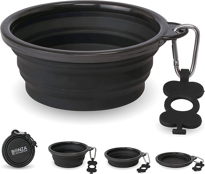 Bonza Collapsible Dog Bowls - Large 33 oz, Dog Travel Accessories, Silicone Portable Dogs Bowl & Water Dish with Reinforced Rim & Carabiner for Hiking, Camping, and Car Trips, Black