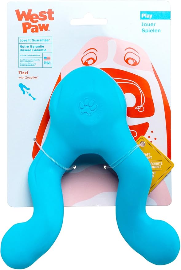 West Paw Zogoflex Tizzi Interactive Treat Dispensing Dog Fetch Play Toy, 100% Guaranteed Tough, It Floats!, Made in USA, 7-Inch Large, Aqua