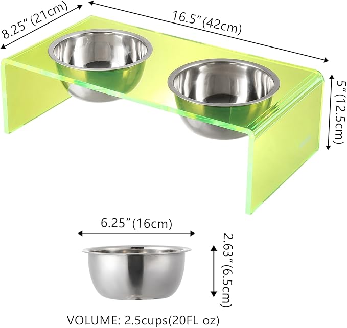 The LICKER Store DBL2000G Keaton 5" Small/Medium Modern Acrylic Rectangular Elevated Pet Feeder with 20oz 2-Stainless Steel Bowls, Green/Chrome