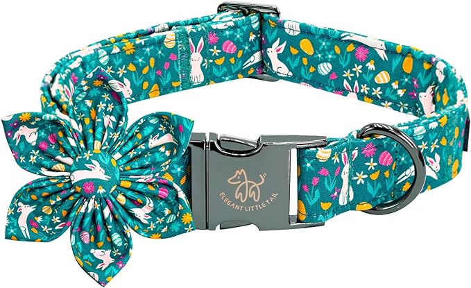 Elegant little tail Easter Dog Collar, Bunny Print Puppy Collar with Flower Girl Boy Pet Collars Flower Spring Holiday Dog Collar Adjustable Dog Collars for X-Small Puppy