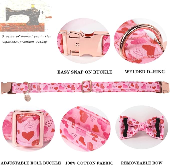 DOGWONG Valentine's Dog Collar with Bow - Cute Heart Bowtie Dog Collars, Adjustable Valentine Pink Heart Pet Collars Design Dog Collar with Quick Release Buckle for Puppy Girl Boy Female Dogs