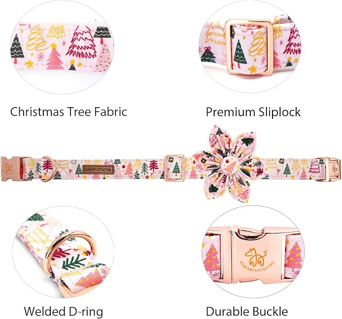 Elegant little tail Christmas Dog Collar, Christmas Tree Pet Collars Flower Pink Metal Buckle Collar Puppy Girl Boy Holiday Cotton Soft Flower Adjustable Dog Collar for Medium Dogs