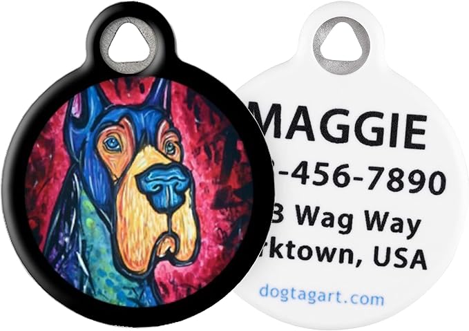 Dog Tag Art Colorful Great Dane Personalized Dog Breed Pet Tags for Dogs, Silent Dog Tag with Customized Identification Information - Small .875" Diameter