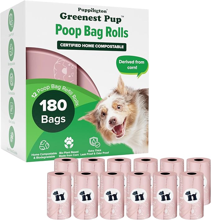 Puppington Certified Home Compostable Poop Bags - ASTM D6400 Compliant - 180 Extra Thick Bags - Plant Based - Pairs with Puppington 3-in-1 Bag & Fits all Standard Poop Bag Dispensers (Blush Pink)