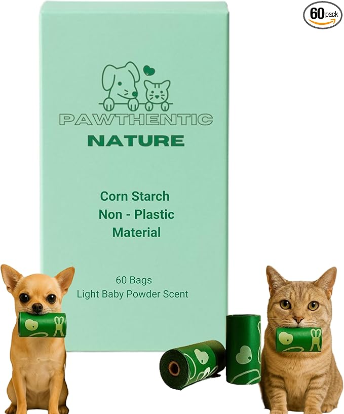 Dog Poop Bags – 60 Count Value Pack, Extra-Thick 18 Micron, Leak-Resistant, Strong & Durable for Dogs & Cats, Light Baby Powder Scent – PAWTHENTIC NATURE