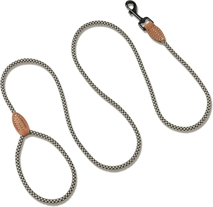 Mile High Life Small Dog Leash, Thin Rope Leash with Genuine Leather Connection and Heavy Duty Metal Clasp, Great for Small Medium Dogs(Black Khaki,60 Inch-1/3)