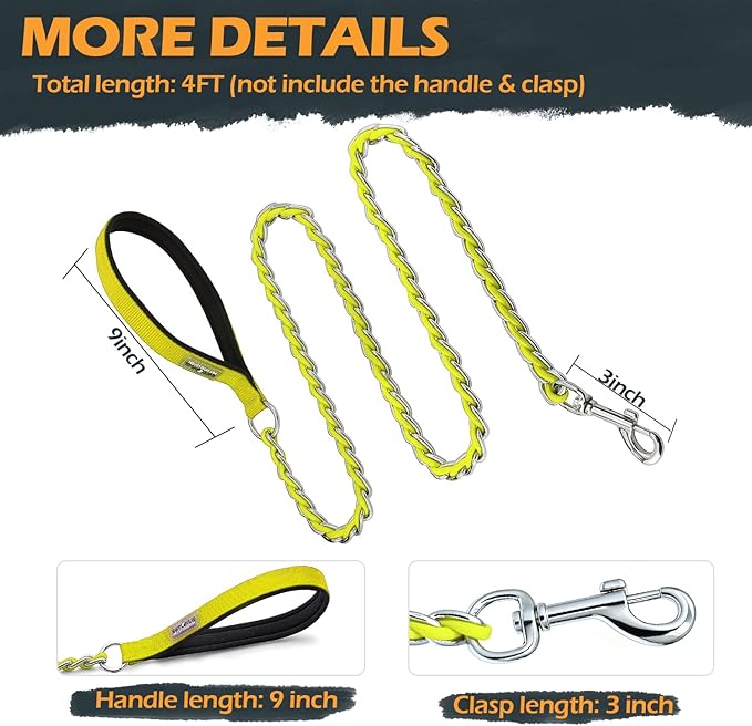 Chain Dog Leash Chew Proof Metal Leash for Medium Large Dogs, Chain Link Dog Anti Chew 5.2FT / 4FT Strong Anti Bite Comfortable Soft Padded Handle (Yellow, 4FT(30-80lb)
