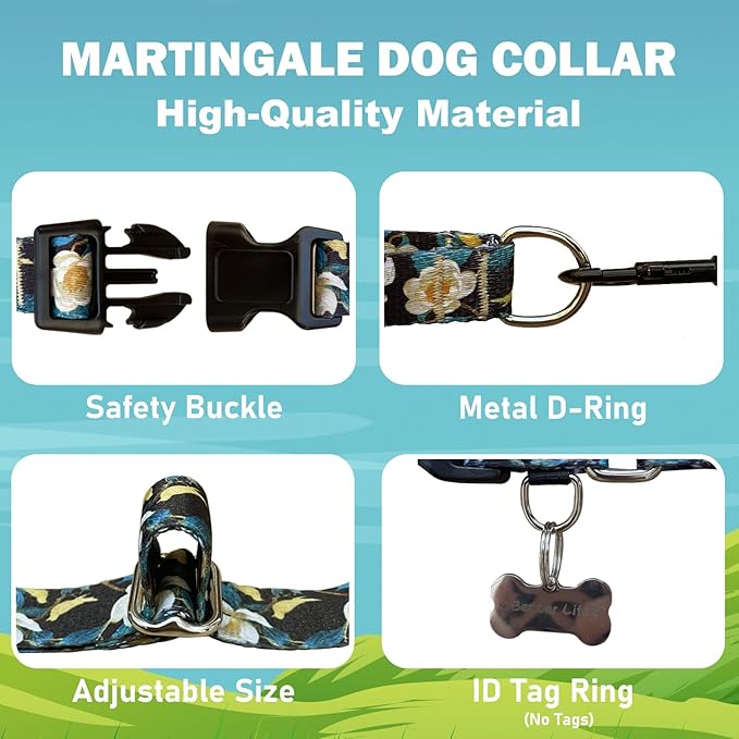 Martingale Collar for Dogs with Buckle Pretty Cute Floral Nylon Dog Collars for Medium Dogs (Luxury Golden Flowers, Medium)