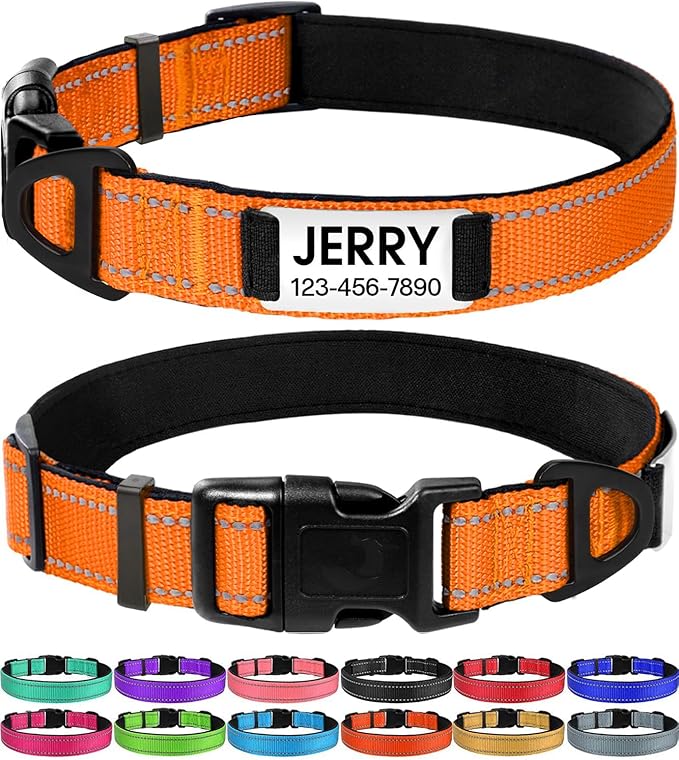 Joytale Personalized Dog Collars with Engraved Name Plate, Silent No Jingle Custom Nylon Collar with Fixed ID Tag, Reflective Soft Neoprene Padded Breathable for for Large Dogs, Orange