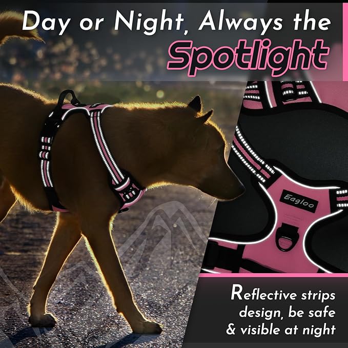 Eagloo Dog Harness for Large Dogs, No Pull Service Vest with Reflective Strips and Control Handle, Adjustable and Comfortable for Walking, No Choke Pet Harness with 2 Metal Rings, Pink, XL