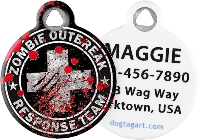 Dog Tag Art Zombie Outbreak Respone Team Custom Pet ID Tag for Dogs and Cats, Silent Polymer Coated Stainless Steel Nametag with Customized Identification Information - Large (1.25" Diameter)