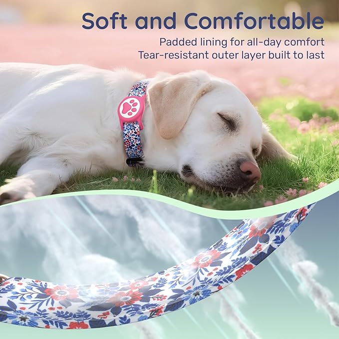 WhoseID Airtag Dog Collar,with Waterproof airtag Holder，Original Stylish Cute Pattern Design.QR Code ID Buckle，Comfortable Soft Cotton for Small Medium Large Dogs
