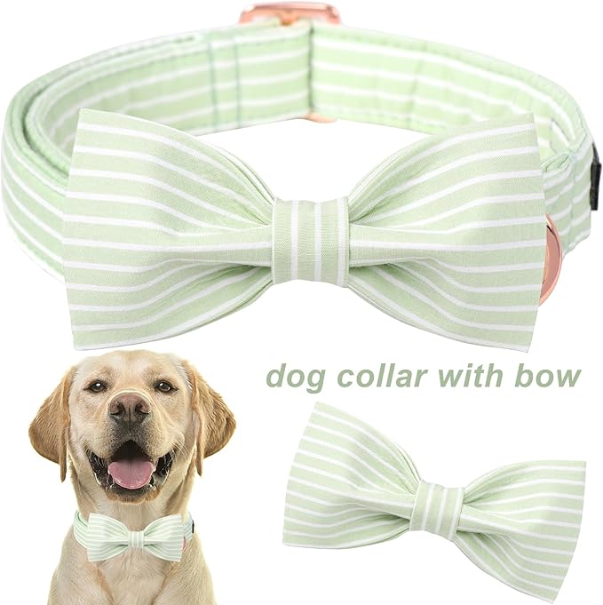 ARING PET Dog Collars with Bow, Green Stripe Adjustable Bowtie Pet Collar with Metal Buckle for Small Medium Large Boy Girl Dogs-XS