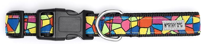 THE WORTHY DOG Collar for Small Dogs, Adjusts 6-12 inches, Durable Nylon Webbing, Quick Release Buckle, Stained Glass Pattern, Multicolored, X-Small