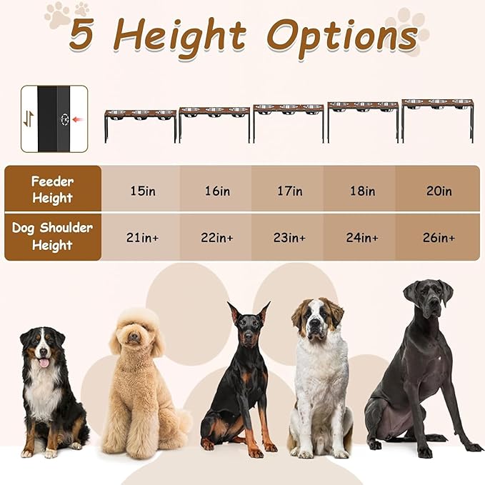 Elevated Dog Bowls Stand for Large Dogs - 3 Bowl Dog Feeder with Adjustable Height & Tilt, Stainless Steel Bowls & Wood Tray for Large Breeds, Triple Bowl Feeding Station, 3500ML*3 Capacity