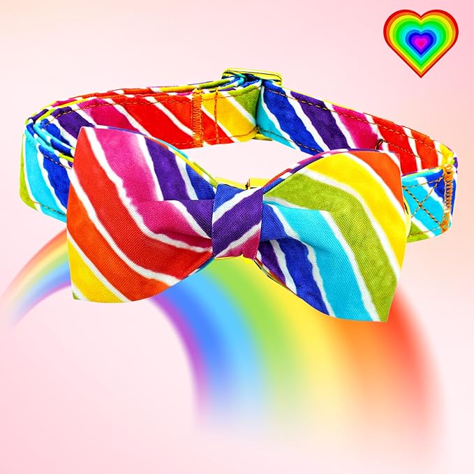Lionheart glory Rainbow Dog Collar with Bowtie Colorful Summer Dog Bow Collars Heavy Duty Adjustable Pride Collars for Small Dogs Pet Gift Holiday