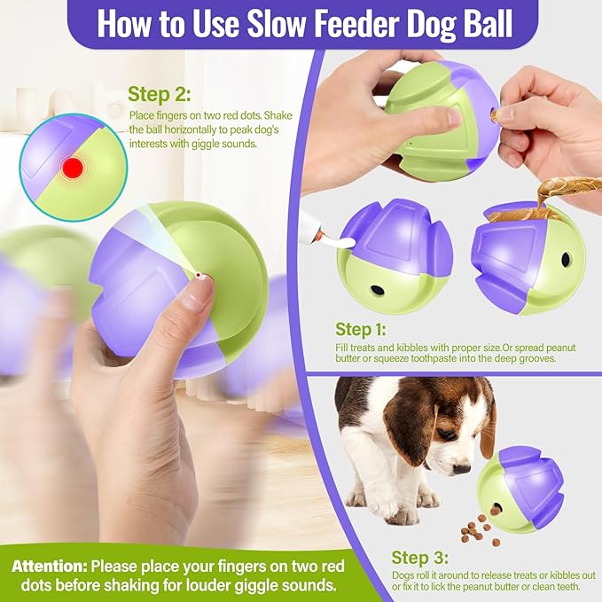 Giggle Ball, Interactive Dog Toy, Giggling Sounds When Rolled or Shaken, ABS Dogs Puzzles Feeder Slow Feeding for/Small/Medium/Large Dogs Purple-Green