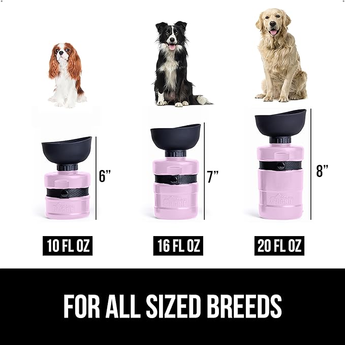 GORILLA GRIP Dog Water Bottle, Portable Water Bowl Dispenser for Dogs, 20 oz Leak Proof Pet Travel Squeeze Bottles, Food Grade Silicone, to Go Puppy Essentials, Hiking Camping Trip Accessories, Pink